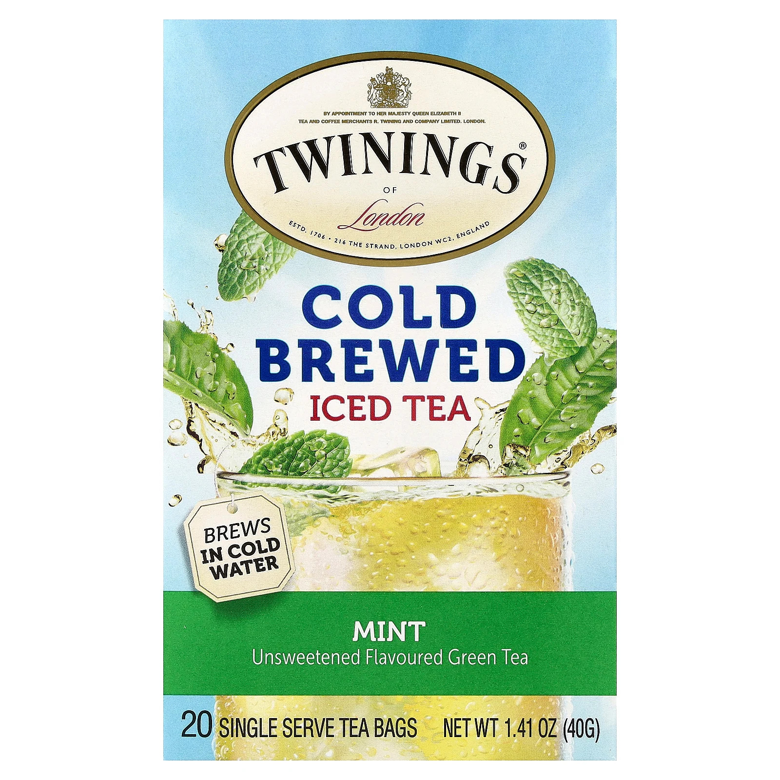 Cold Brewed Iced Tea, Green Tea, Mint, Unsweetened, 20 Single Serve Tea Bags,