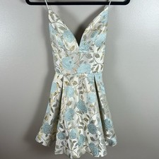 Windsor Women’s Blue Floral Mini Dress Spaghetti Straps Gold Accents NWT
