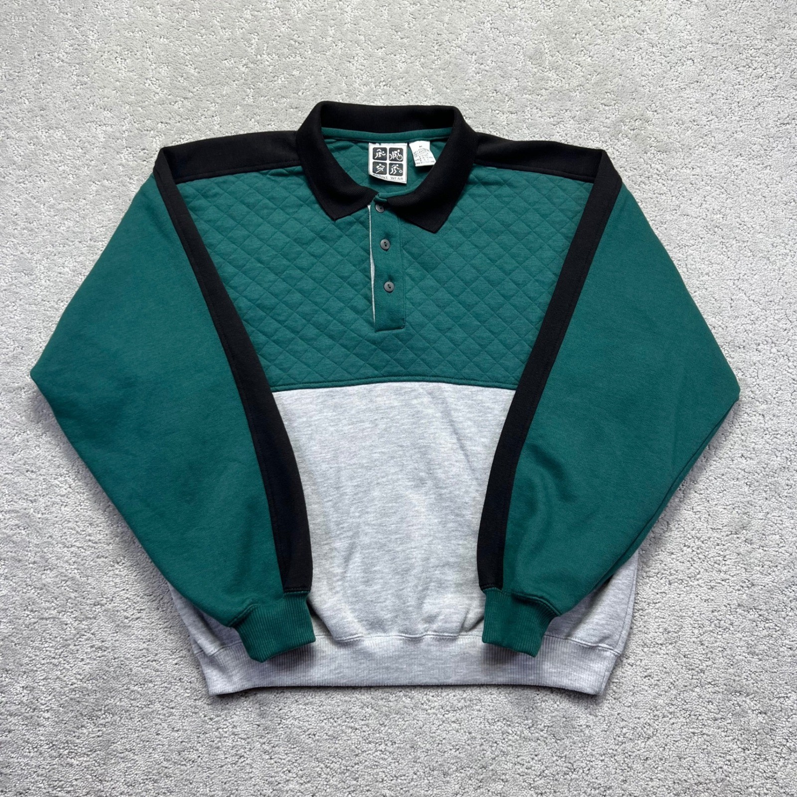 VINTAGE Active Wear Sweatshirt Mens Medium Quilted Colorblock Polo Green Gray