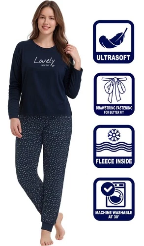 Womens Pyjama Set Soft Fleece Inside Navy Stars Hearts Long Sleeve PJs Nightwear