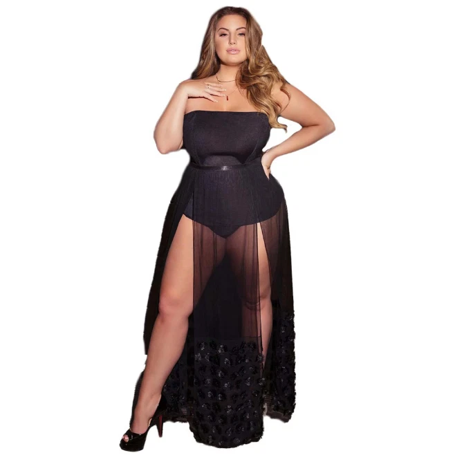 COQUETTE Sexy Sheer Mesh Black 3D Floral Flowy 2 Slit Diva Maxi Skirt OS - Image 2 of 4