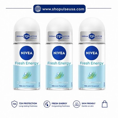 NIVEA Fresh Energy Roll On Deodorant 50ml 3 Pack | 72H Lemongrass Scent | Alcoho