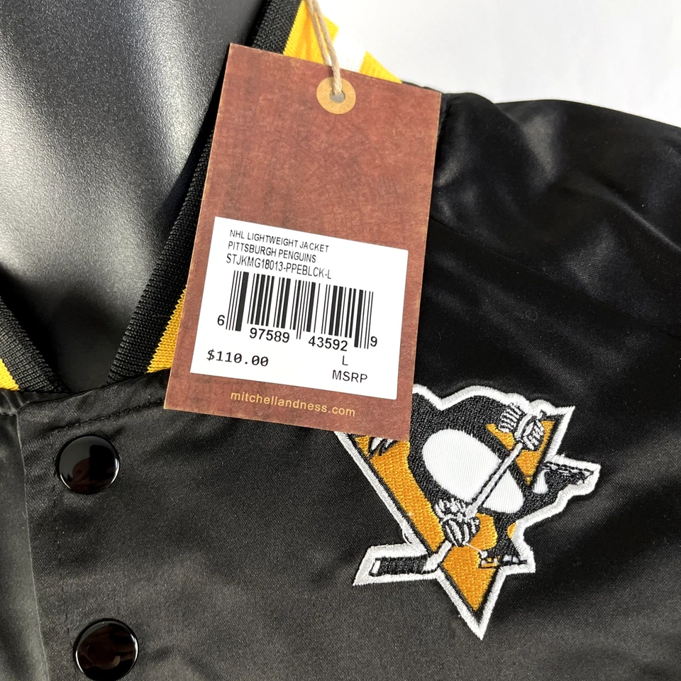 Nueva chaqueta de bombardero de satén Mitchell And Ness Pittsburgh Penguins para hombre talla L nueva con etiquetas Foto 3 de 4