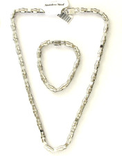 SET OF 2 SILVER TONE STAINLESS STEEL THICK CHAIN NECKLACE,BRACELET-MSRP $300