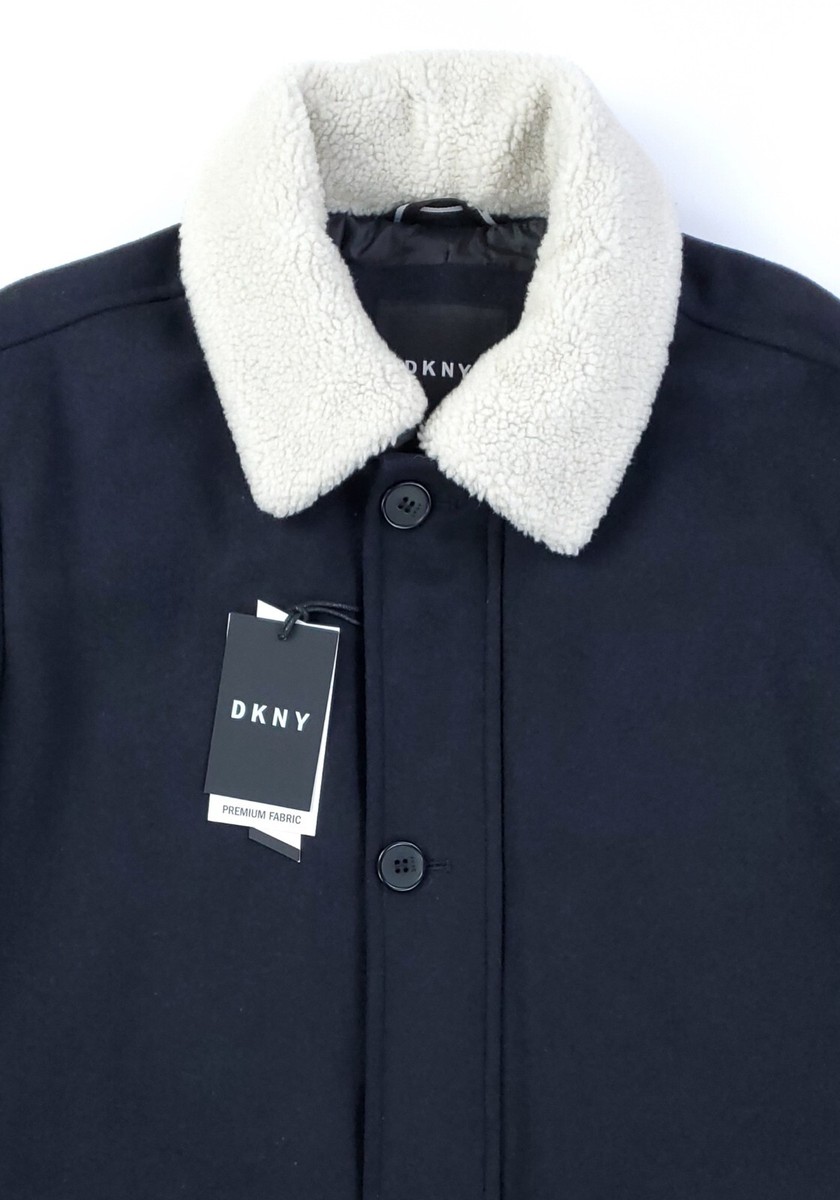 DKNY Men's L Wool Blend Coat with Removable Faux Fur Collar Navy
