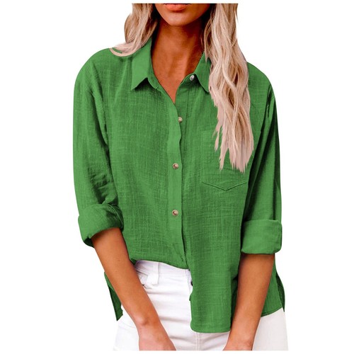 Womens Button Down Shirt Casual Long Sleeve Solid Color Loose Blouse with Pocket - Picture 24 of 29