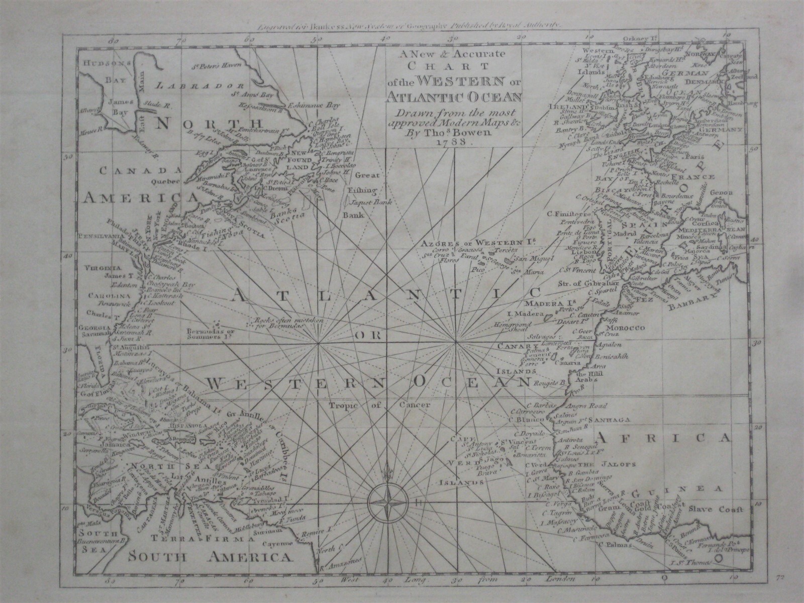 Original 1788 Bowen Map ATLANTIC OCEAN Fishing Banks Florida Bermuda Azores Cuba