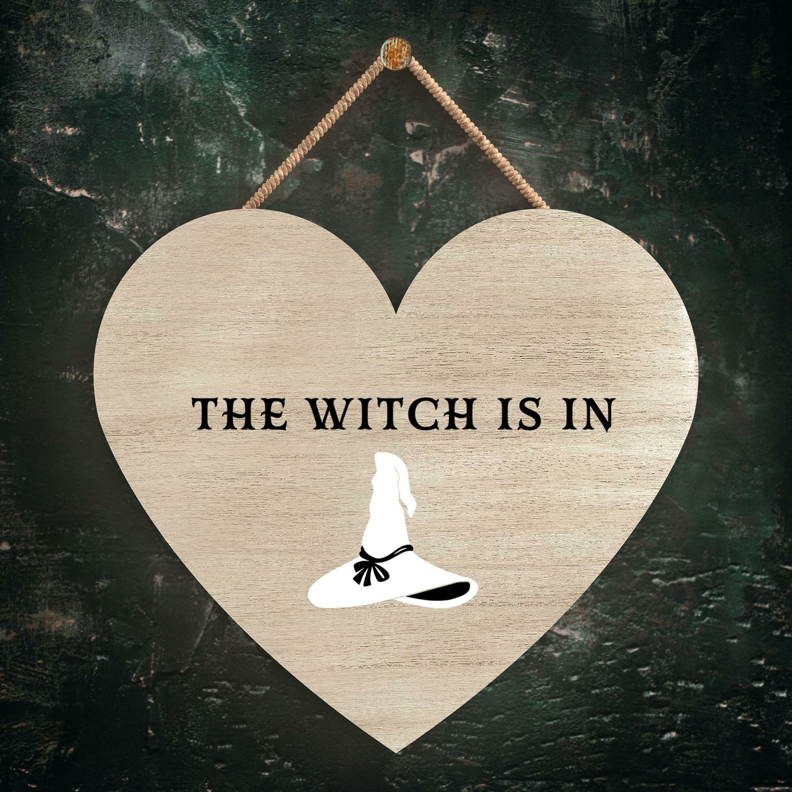 WITCH IS IN HEART SHAPED WITCHCRAFT THEMED HALLOWEEN WOODEN HANGING PLAQUE