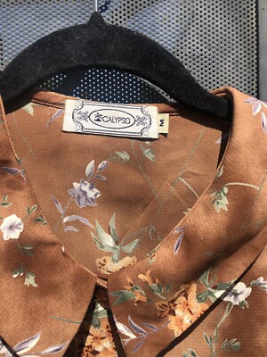 Chemisier Vintage Calypso à Fleurs, Manches Courtes, Taille M - Marron, Boutonnage Classique