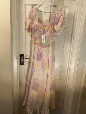 New Olivia Rubin Isolde Light Floral Patchwork Short Sleeve Midi Dress,UK 12