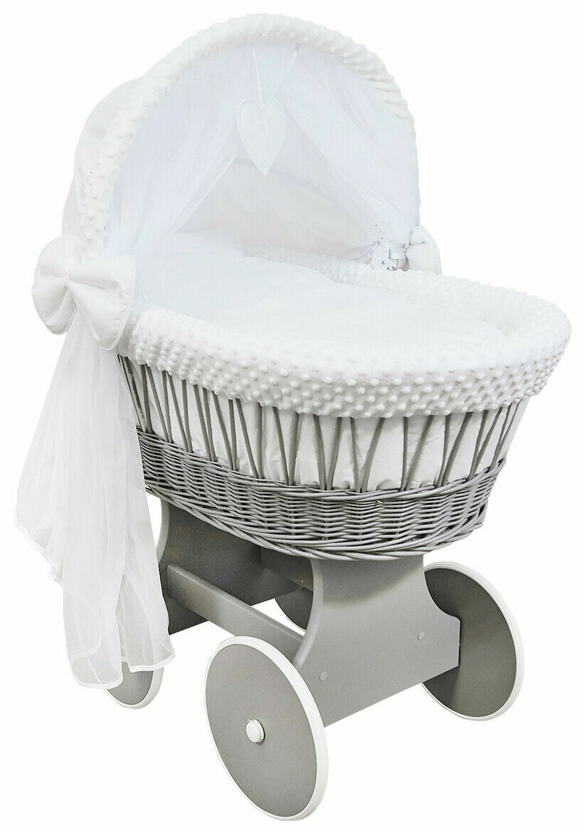Grey Wicker Wheels Crib/baby Moses Basket Complete Bedding White