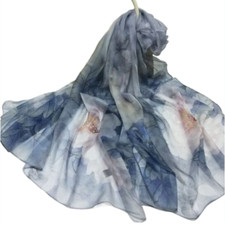 100 Silk Scarf Women neckerchief large Shawl Wrap Floral blue gray HD118-14