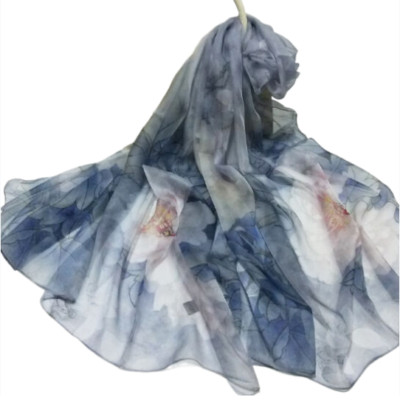 100% Silk Scarf Women neckerchief large Shawl Wrap Floral blue gray HD118-14