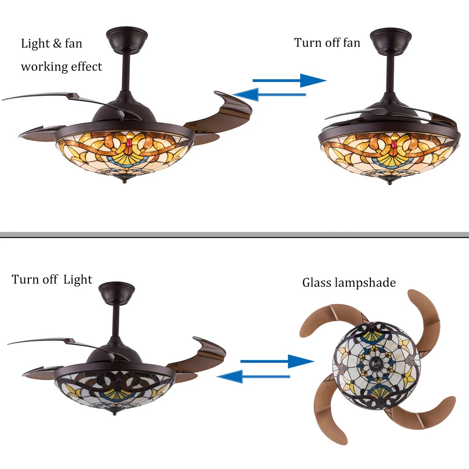 42" Tiffany Retractable Ceiling Fan & Remote + Light LED Dimmable Chandelier - Image 4 of 4