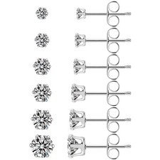 Stainless Steel Stud Earrings Set Hypoallergenic Cubic Zirconia 14K White Gol...