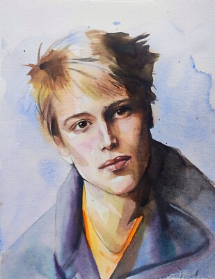 Blonde Guy Portrait Watercolor Painting Original Handmade Artwork