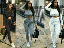 Womens Ladies Co Ord Crop Top Bottoms V/N Set 2pcs Loungewear Suit Tracksuit