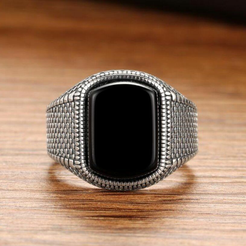 英国 Vintage Silver Stone Ring オニキス11号 12号 Silver Black Onyx Signet Ring , Handmade Elegant Onyx Ring, Square