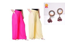 Palazzo Pants Summer WITH EARING FREE Rayon Cotton Solid Color Pack Of 2 Combo