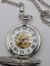 Mens Womens Mechanical Pocket Watch Skeleton Design with Chain