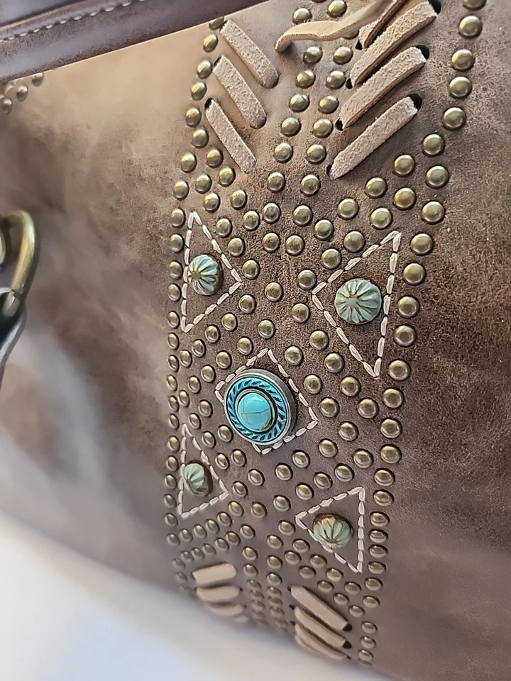 Montana West Purse Handbag  Metal Studded Brown Double Handle Heavy - Image 2 of 4