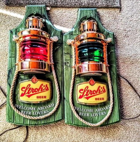 2 Lot Vintage Stroh's Beer Bar Signs Welcome Aboard Beer Lovers Nautical Lighted