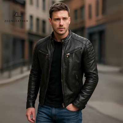 Cafe Racer Retro Leather Jacket Genuine Sheep Skin Motorcycle Biker Black Jacket