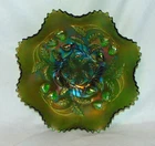 Vintage Northwood 9" Strawberry Ruffled Bowl Iridescent Green Carnival Glass
