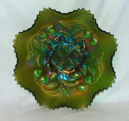 Vintage Northwood 9" Strawberry Ruffled Bowl Iridescent Green Carnival Glass