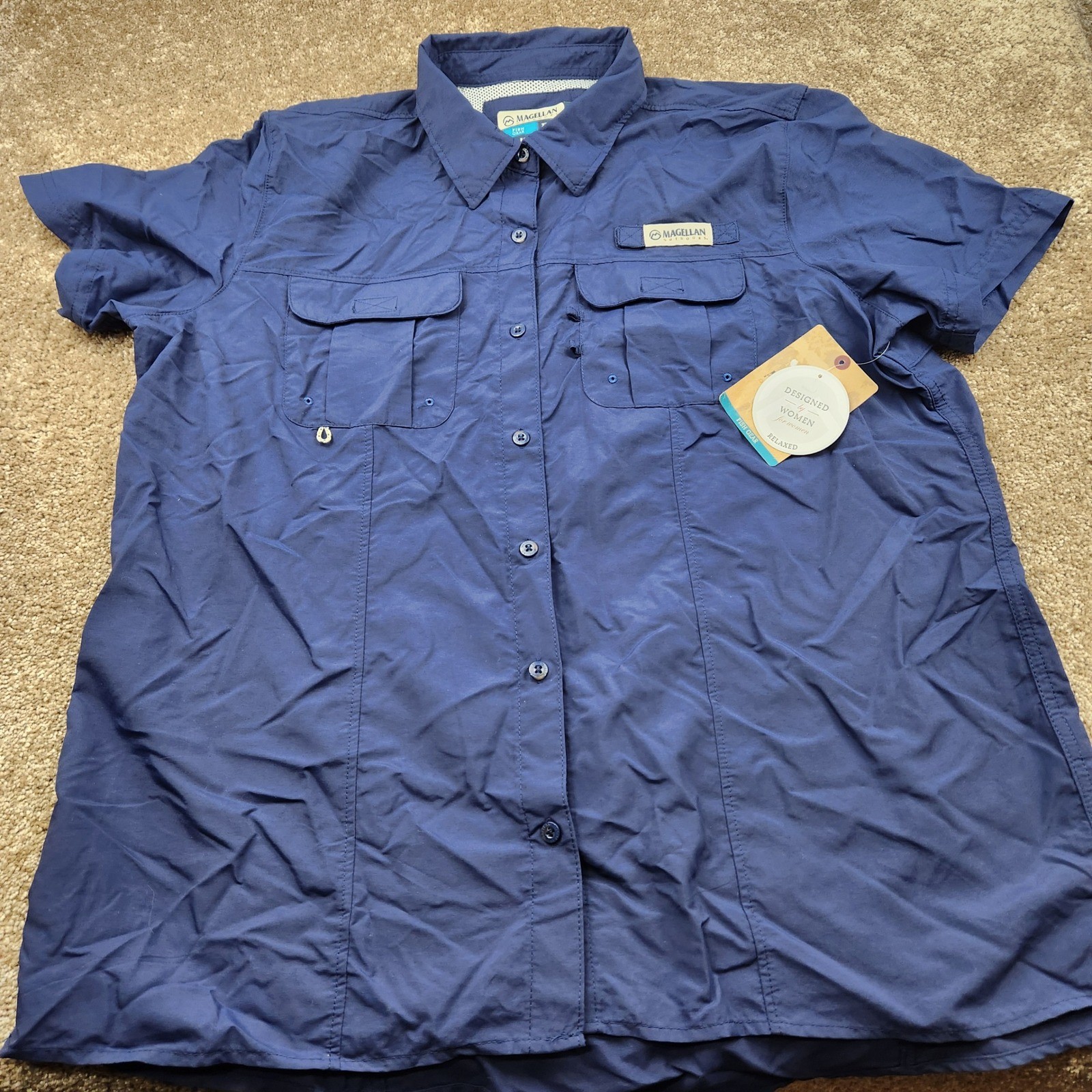 Magellan Outdoors Womens Relaxed Fit Fish Gear Short Sleeve Shirt XL Navy NWT
