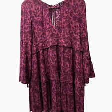 American Eagle Dress M Floral Cottagecore Burgundy Pink Bell Sleeve Tassels