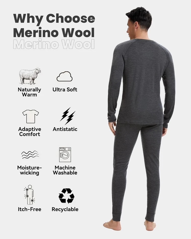Men's 100% Merino Wool Base Layer Sets Winter Warm Underwear 2PC Long Johns&Tops - Image 3 of 4