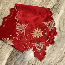 Christmas Embroidered Table Runner Cut Work Poinsettia 13" x 68 Red Gold
