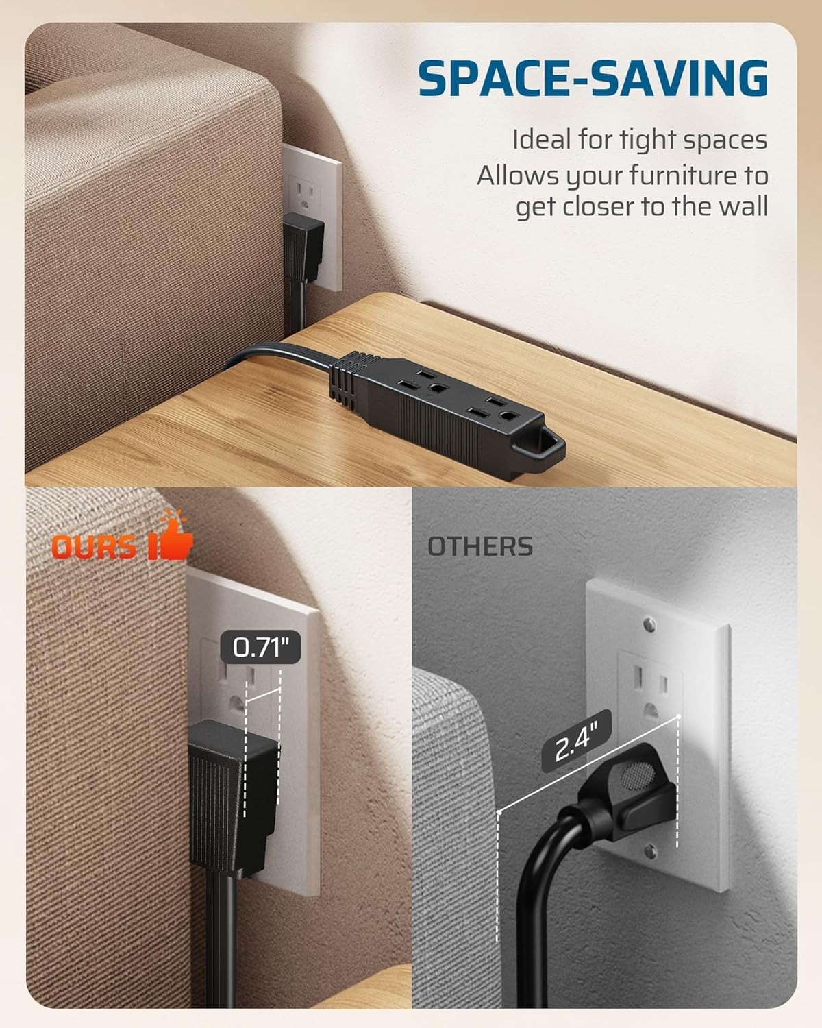 Flat Plug Extension Cord 1 FT - 3 Outlets Power Strip, Space-Saving Design