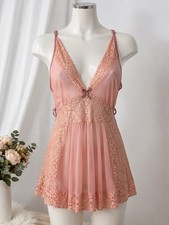 Vintage Style Pink Sheer Lace Babydoll Chemise Nightgown Lingerie Teddy Shimmer