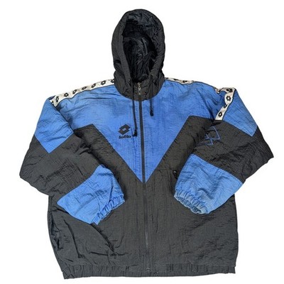Vintage Lotto Italia Windbreaker Jacket Blue Black 90s Hooded Full