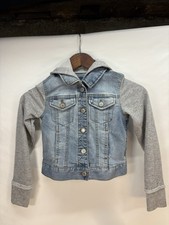 SO Girls Knit Sleeve Denim Jacket Wash Blue  Gray Hooded Youth Sz Small