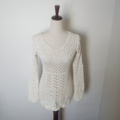 Tapemeasure Crochet Open Knit Blouse Women's M Cream Boho Coastal Coquette