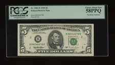 DBR 1995 $5 FRN New York Fr. 1984-B PCGS 58 PPQ Serial B88246678B