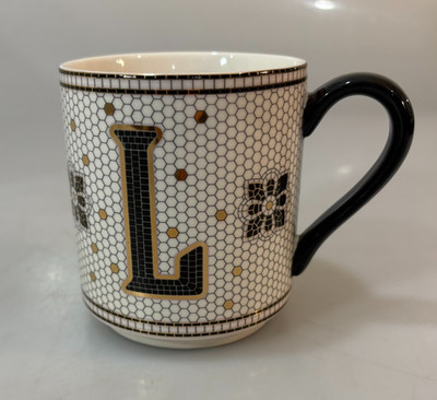 Anthropologie Initial L Mosaic Gold Black White Coffee Tea Mug Cup 12 oz