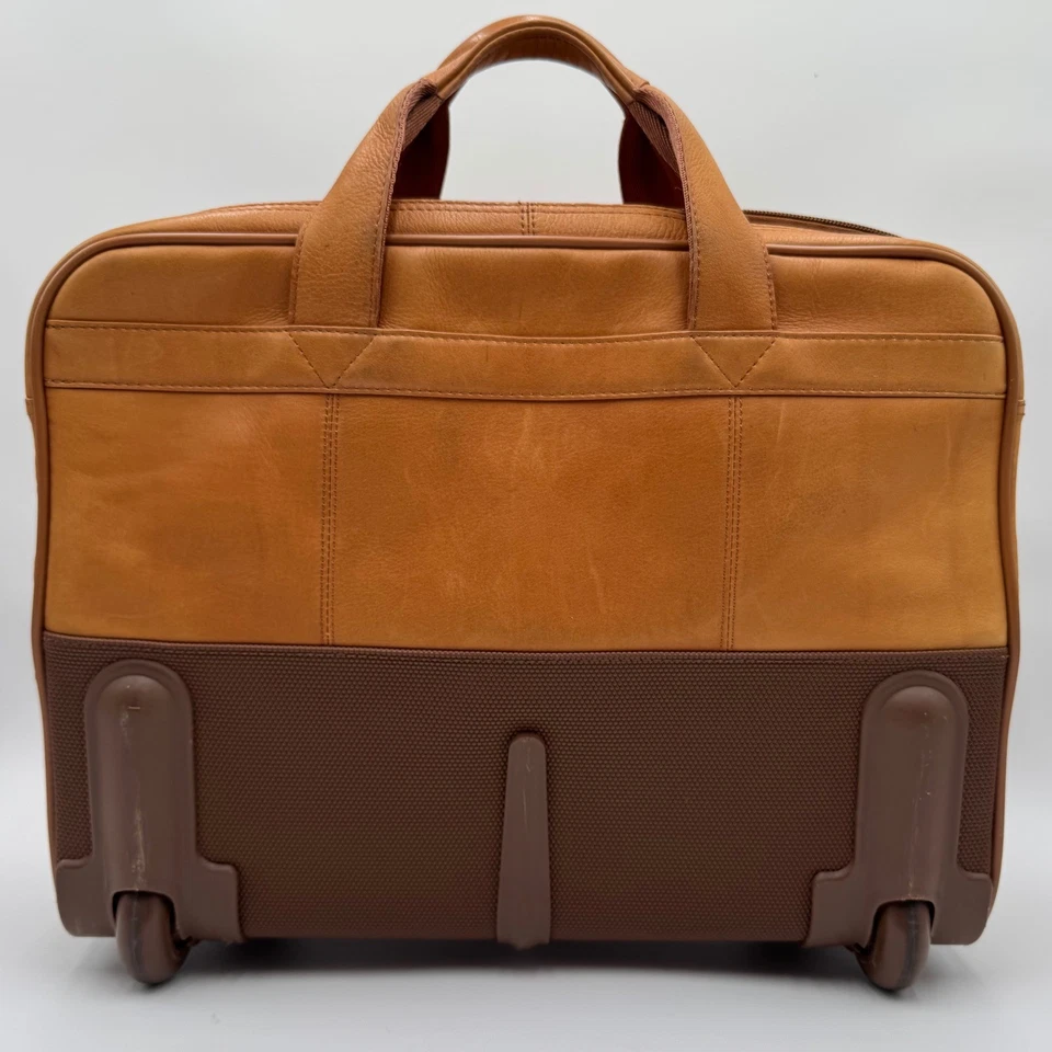 Solo Walker Leather Wheeled Catalog Laptop Briefcase Carry On Rolling Bag Tan - Image 2 of 4