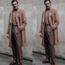 Cashmere Men's Long Overcoat Winter Warm Casual Vintage Jacket with Belt Coat