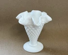 Vintage Fenton Hobnail Milk Glass Trumpet Vase w/ Ruffled Edge 4" USA