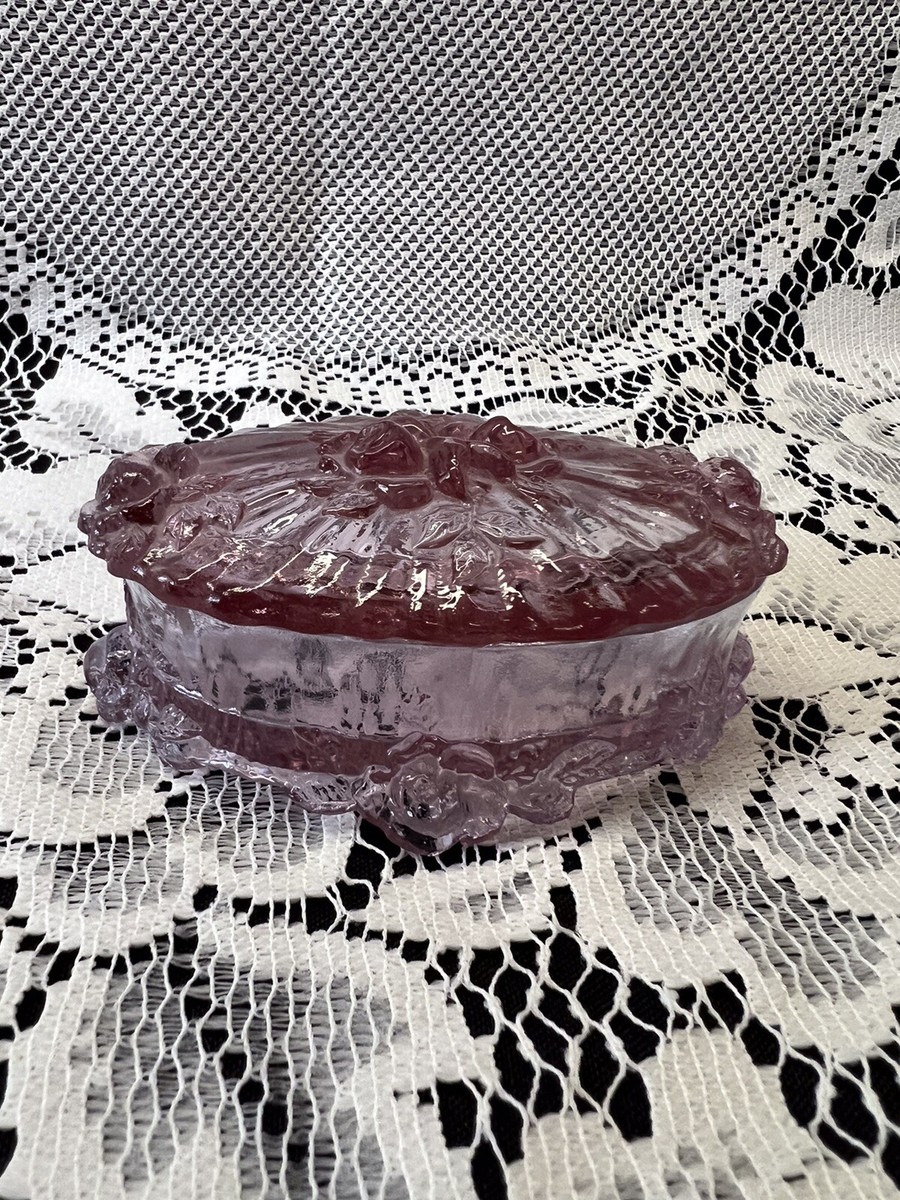 Fenton Cabbage Rose Pink Glass Covered Trinket Box - Footed - 4 3 