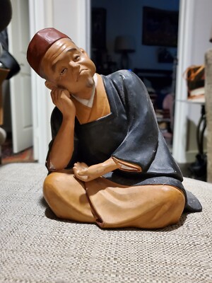 Japanese Statue- Hakata-Style- Man Sitting- Asian Art- Plaster/Ceramic- Vintage