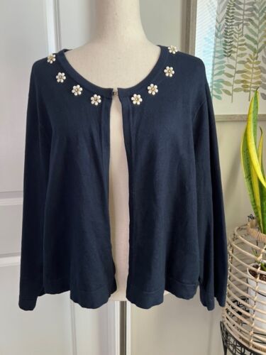 Tommy Hilfiger Sweater Womens 2X Blue Flower Beaded Shrug Preppy Boho Old Money