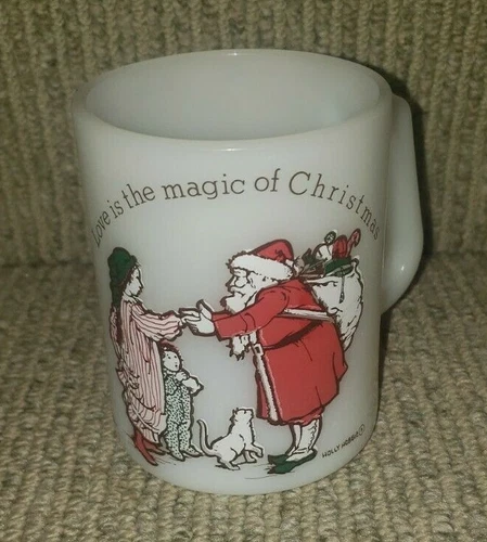 Vintage Federal D Handle Mug Holly Hobbie Christmas Love Milk Glass Coffee Cup