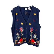 Sweater Vest Womens Size XL Fall Harvest Vintage Bobbie Brooks Navy Blue V Neck