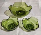 Vintage Green Glass Console Set Anchor Hocking Bowl 9"D Candleholders 5"D