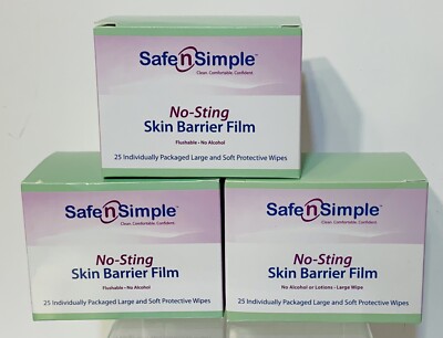 3 BOXES Safe n' Simple SNS00807 No Sting Skin Barrier Wipes 3BX/25EA Exp.2025